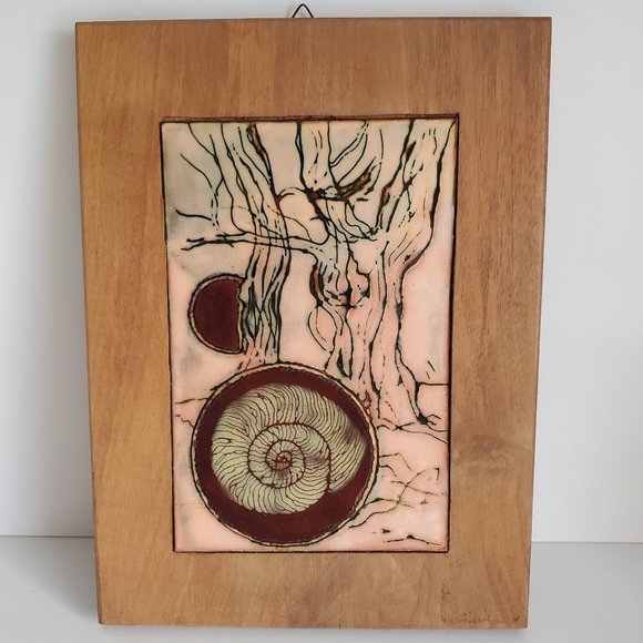 RARE VTG Hungarian Art Ammonite Fossil Image in Abalone Abstract Forest Etching - Picture 1 of 7